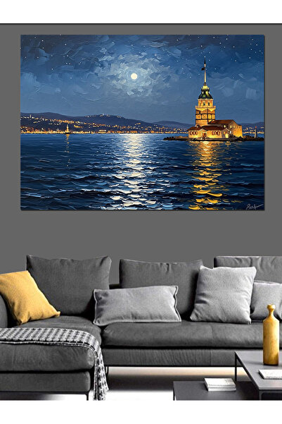TabloPro Gece Işıkları Altında Kız Kulesi Yağlı Boya Dokulu Kanvas Tablo Canv...