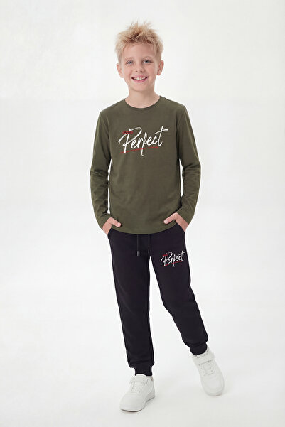 panios kids Round Neck Sweatshirt Long Sweatpants Set with Print Detail for Boys