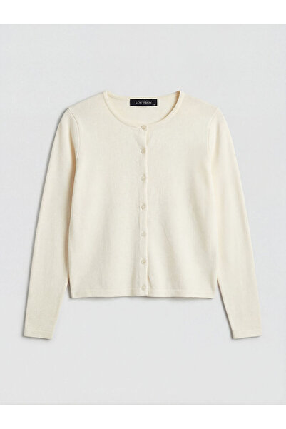LC Waikiki Ecru Crew Neck Women's Knitwear Cardigan