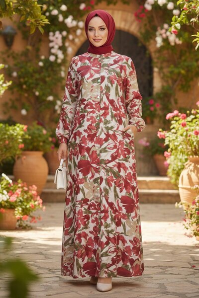 TOFİSA Λινό φόρεμα με στάμπα και τσέπες, χρώμα μπορντό - 28295-BORDO