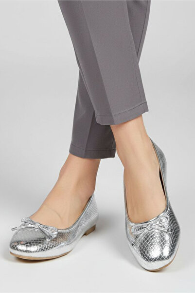 TOFİSA Γυναικείες Γυαλιστερές Μπαλαρίνες με Ασημένιο Φιόγκο - 28233-GUMUS