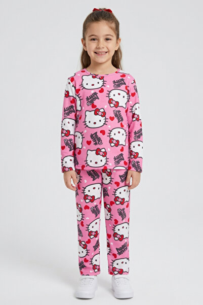 TOFİSA Κοριτσίστικο σετ πιτζάμες από σουέντ με στάμπα ροζ γάτας - 28331-PEMBE