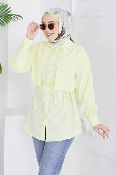 TOFİSA Туника-сари с колан и детайли тип пелерина - 28211-SARI