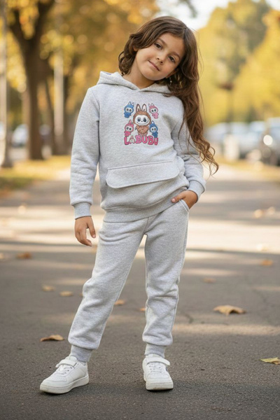 TOFİSA Κοριτσίστικο σετ φόρμας με γκρι στάμπα και τρία νήματα - 28153-GRI