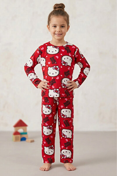 TOFİSA Κοριτσίστικο Σετ Πιτζάμες από Σουέντ με Στάμπα Κόκκινης Γάτας - 28331-...