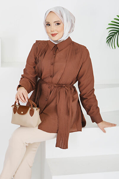 TOFİSA Τουνίκ με λεπτομέρεια στη ζώνη, καφέ χρώμα - 28212-ΚΑΦΕ