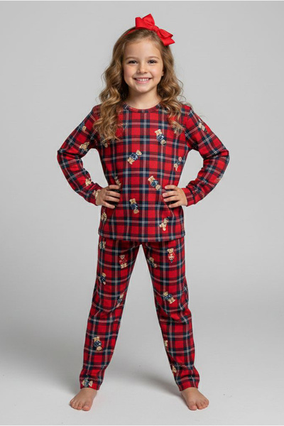TOFİSA Girl's Red Printed Suede Pajama Set - 28169-Red