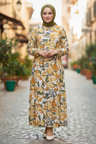 TOFİSA Printed Patterned Linen Dress with Pockets Mustard - 28295-Mustard