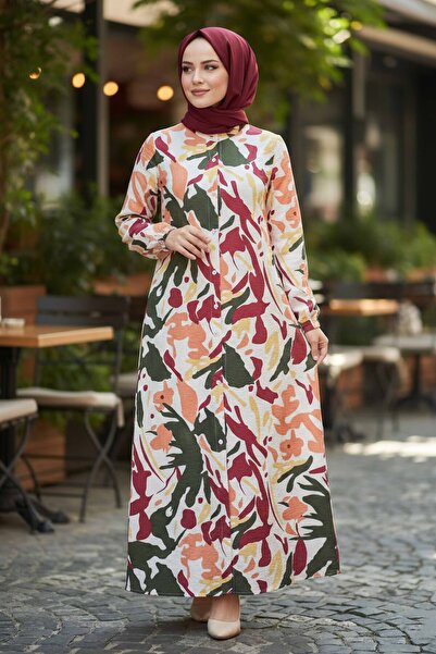 TOFİSA Λινό φόρεμα με στάμπα και τσέπες, χακί - 28296-HAKI