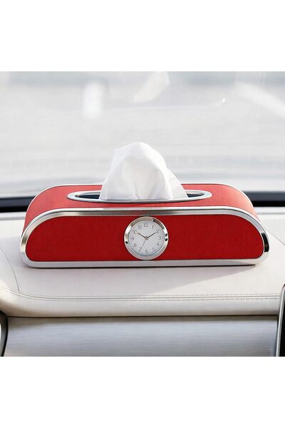 AutoFamily حامل مناديل للسيارة مع ساعة - موزع مناديل من الجلد الصناعي للوحة ا...