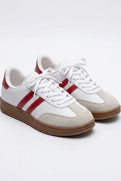 TOFİSA Women's White Red Suede Detailed Sports Shoes - 28106-White-Red
