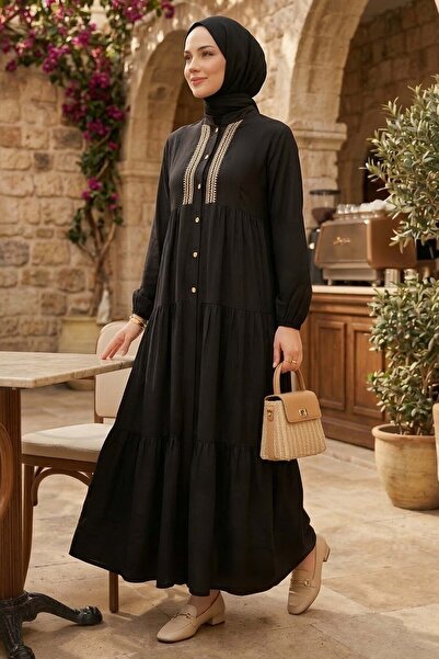 TOFİSA Embroidered Buttoned Woven Viscose Dress Black - 28326-Black