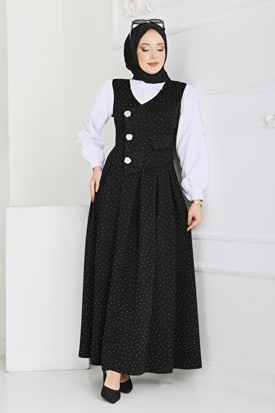 TOFİSA Stone and Button Detailed Dress Black - 28227-Black