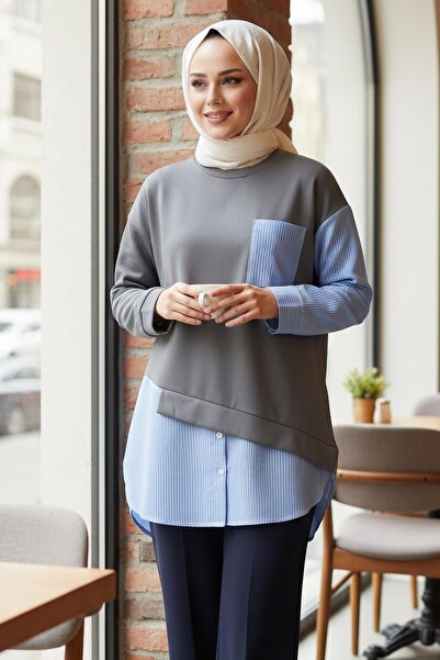 TOFİSA Модална туника с райета и декоративни елементи, опушена - 1010-FUME