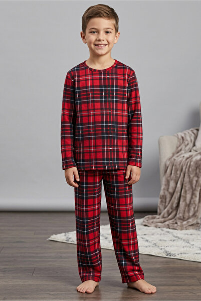 TOFİSA Boy's Red Plaid Suede Pajama Set - 28327-Red