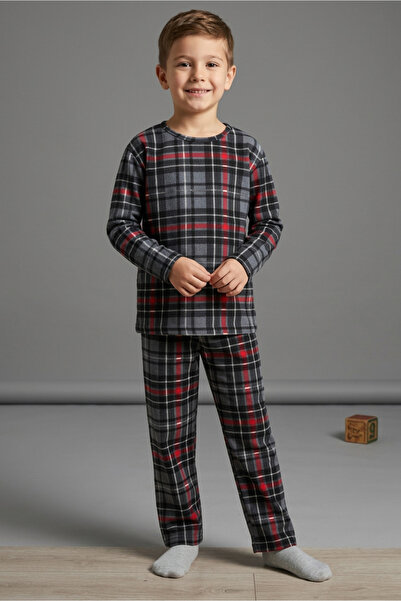 TOFİSA Boy's Smoked Plaid Suede Pajama Set - 28327-Fume