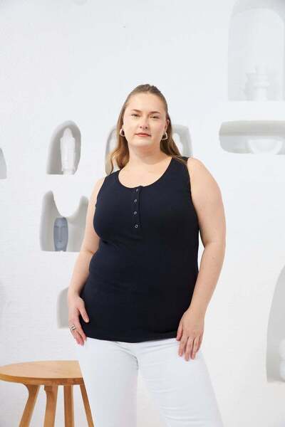 RMG Plus Size Camisole Undershirt with Front Snap Fasteners Navy Blue