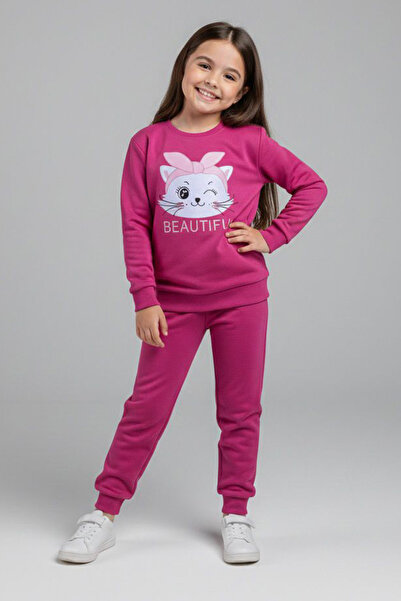 TOFİSA Κοριτσίστικο σετ φόρμας με φούξια στάμπα - 28175-FUSYA