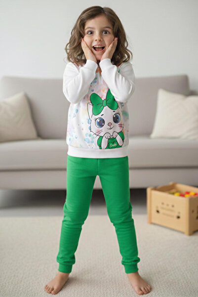 TOFİSA Girl's Green Printed Shawl Pajama Set - 28236-Green