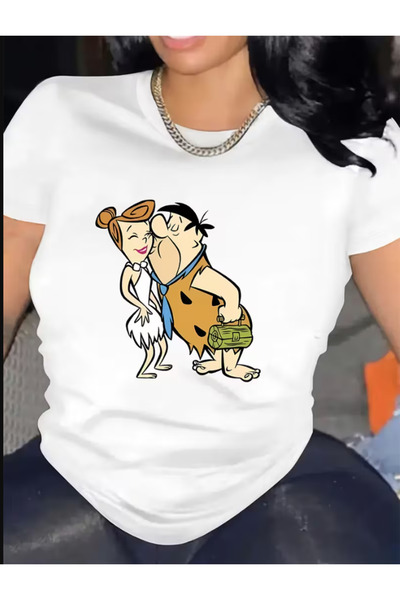 LİNA06 Cartoon Print Comfy T-Shirt, Round Neck Short Sleeve Sports Tee, Women...