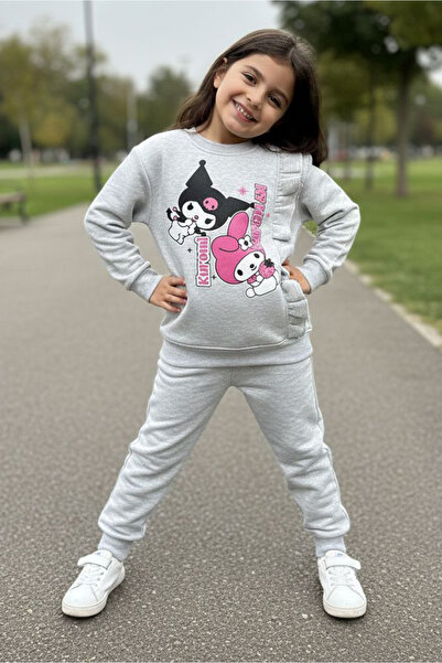 TOFİSA Girl's Gray Printed Three-Thread Tracksuit Set - 28154-Gri