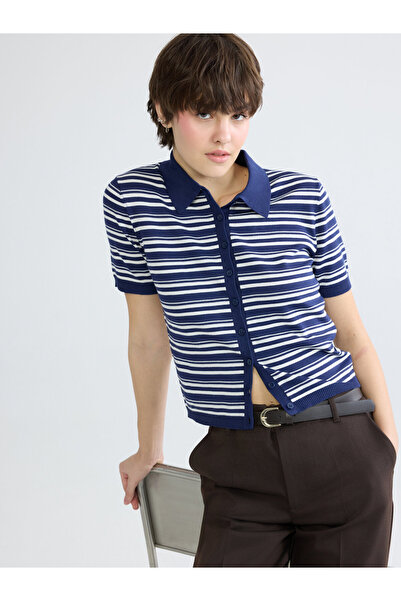 LC Waikiki Polo Collar Striped Women's Tricot Cardigan
