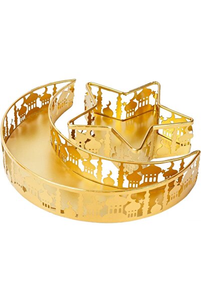 Arabest 2-Piece Ramadan Moon Star Iron Tray Set, Eid Mubarak Dessert Trays, F...