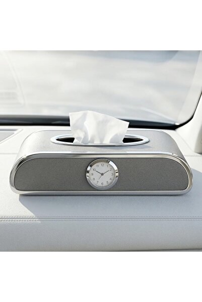 AutoFamily Car Tissue Box Holder with Clock – PU Leather Dashboard Tissue Dis...