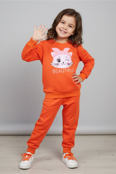 TOFİSA Κοριτσίστικο σετ φόρμας με πορτοκαλί στάμπα - 28175-ORANJ