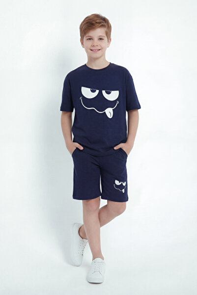 FYK COLLECTİON Cute Emoji Print Detailed Capri Round Neck Summer Boys' Top an...