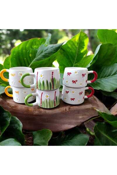 aktas seramik Çimen Papatya Fiyonk 6'lı Takım Seramik Kupa Bardak Hediyelik