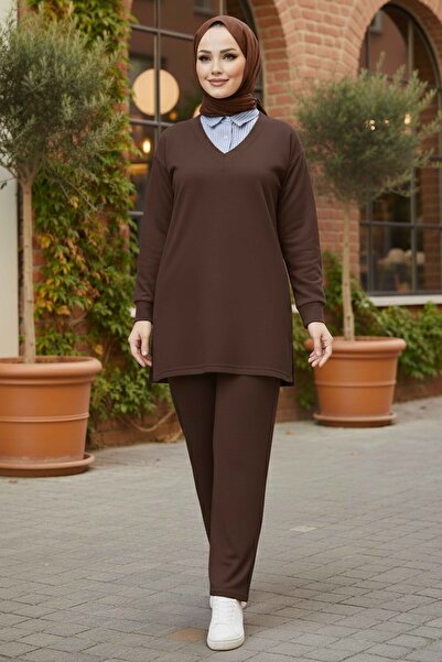 TOFİSA Παντελόνι Modal με λεπτομέρεια σε στυλ γιακά πουκαμίσου, Καφέ - 28130-...