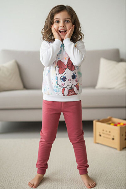 TOFİSA Girl's Dried Rose Printed Embroidered Pajama Set - 28236-Gul-Kurusu