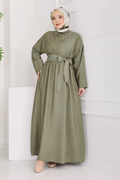 TOFİSA Waist Belted Hidden Button Dress Khaki - 28224-Khaki