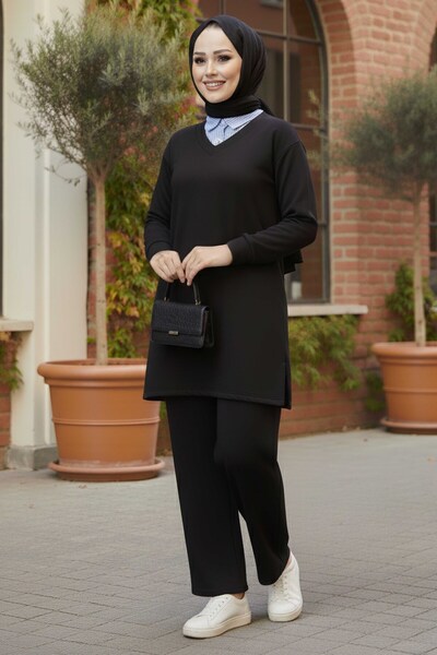 TOFİSA Shirt Collar Detailed Modal Tunic Trousers Black - 28130-Black
