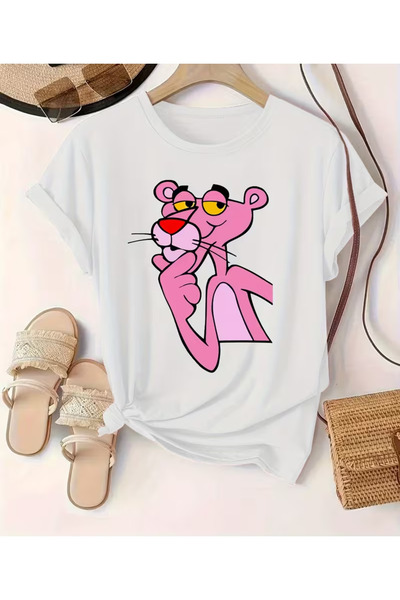 LİNA06 Women'S Casual Cartoon Print T-Shirt - Red with Pink Panther Design