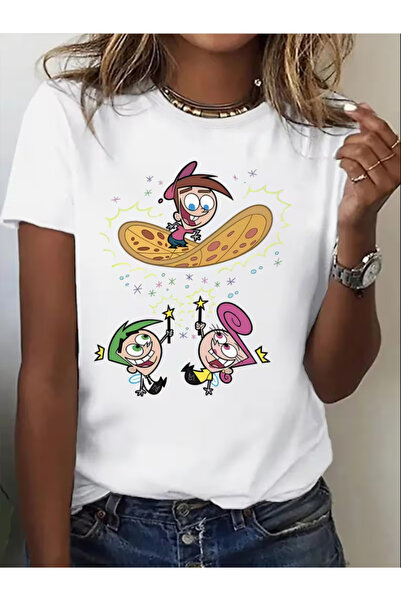 LİNA06 1 قطعة تي شيرت جديد - طباعة شخصية كرتونية تركب بيتزا