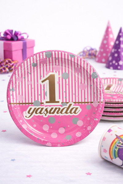 Happyewent 1 Yaşında Yazılı Karton Tabak 8’li – Pembe Çizgili 1. Yaş Doğum Gü...