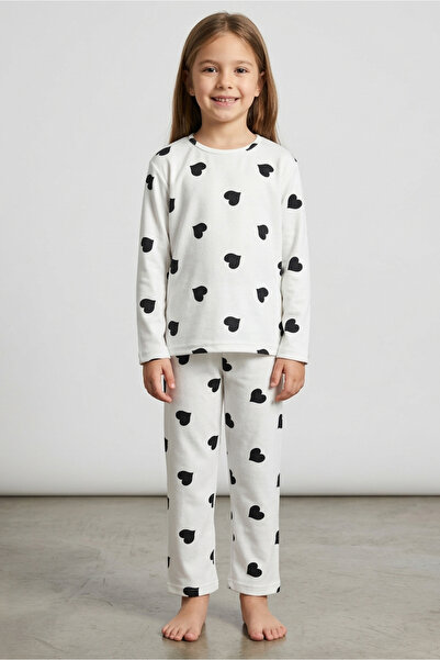 TOFİSA Girl's White Hearted Suede Pajama Set - 28330-White