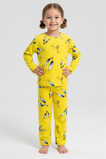 TOFİSA Girl's Yellow Bird Printed Suede Pajama Set - 28332-Yellow