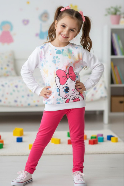 TOFİSA Girl's Fuchsia Printed Shawl Pajama Set - 28236-Fusya