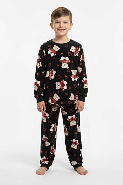TOFİSA Boy's Black Printed Suede Pajama Set - 28168-Black