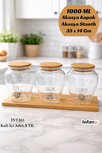 İnterlife Tea Coffee Sugar Jar Set with Stand, 3-Piece Glass Acacia Lid, Kitc...