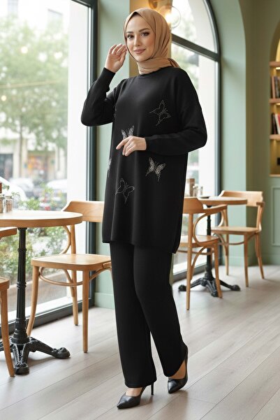 TOFİSA Butterfly Stone Detailed Knitwear Double Set Black - 28122-Black