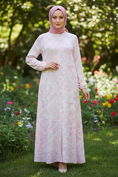 TOFİSA Λινό Φόρεμα με Σχέδια Ροζ - 28291-ΡΟΖ