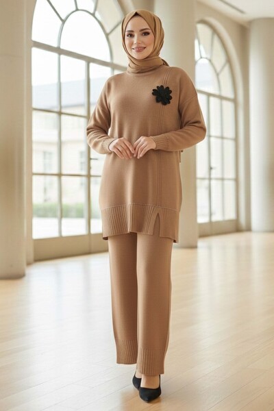 TOFİSA Set de tricotaje cu detalii florale, din două piese, nurcă - 28125-VIZON