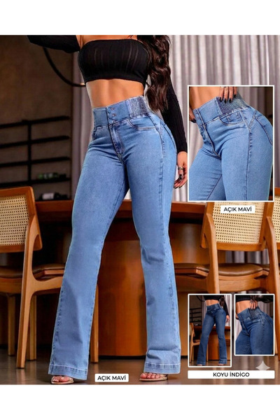 MODA Kadın Mavi Yüksek Bel Yanları Lastikli İspanyol Paça Düğmeli Yumuşak Dok...