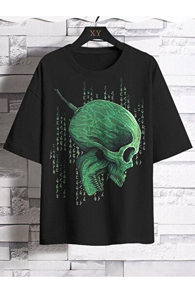 LAND MODA Tricou oversize unisex cu imprimeu Cyber Skull – Grafică verde în s...