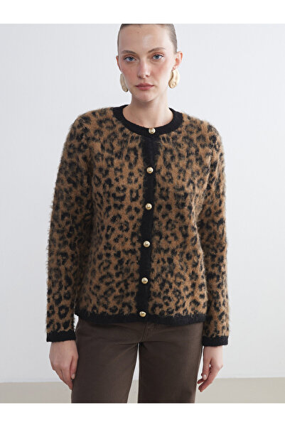LC Waikiki Crew Neck Leopard Print Women's Knitwear Cardigan