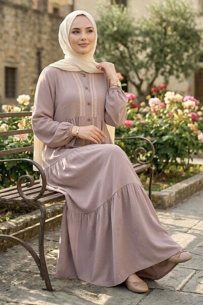 TOFİSA Embroidered Buttoned Woven Viscose Dress Beige - 28326-Bej